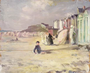 Figurer som går bredvid en rad strandhyddor (panel)